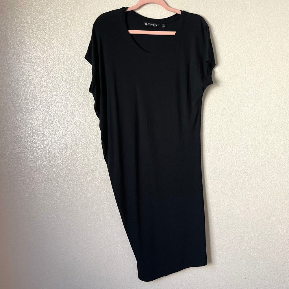 Athleta Dress Womens Small Black Draped Crew Neck Mini Jersey Knit Modal Stretch - Picture 3 of 10